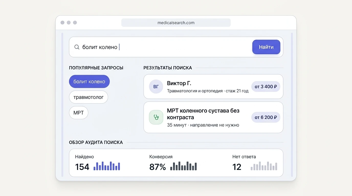 Пример экрана с запросами пациентов, результатами поиска и сводкой проверки