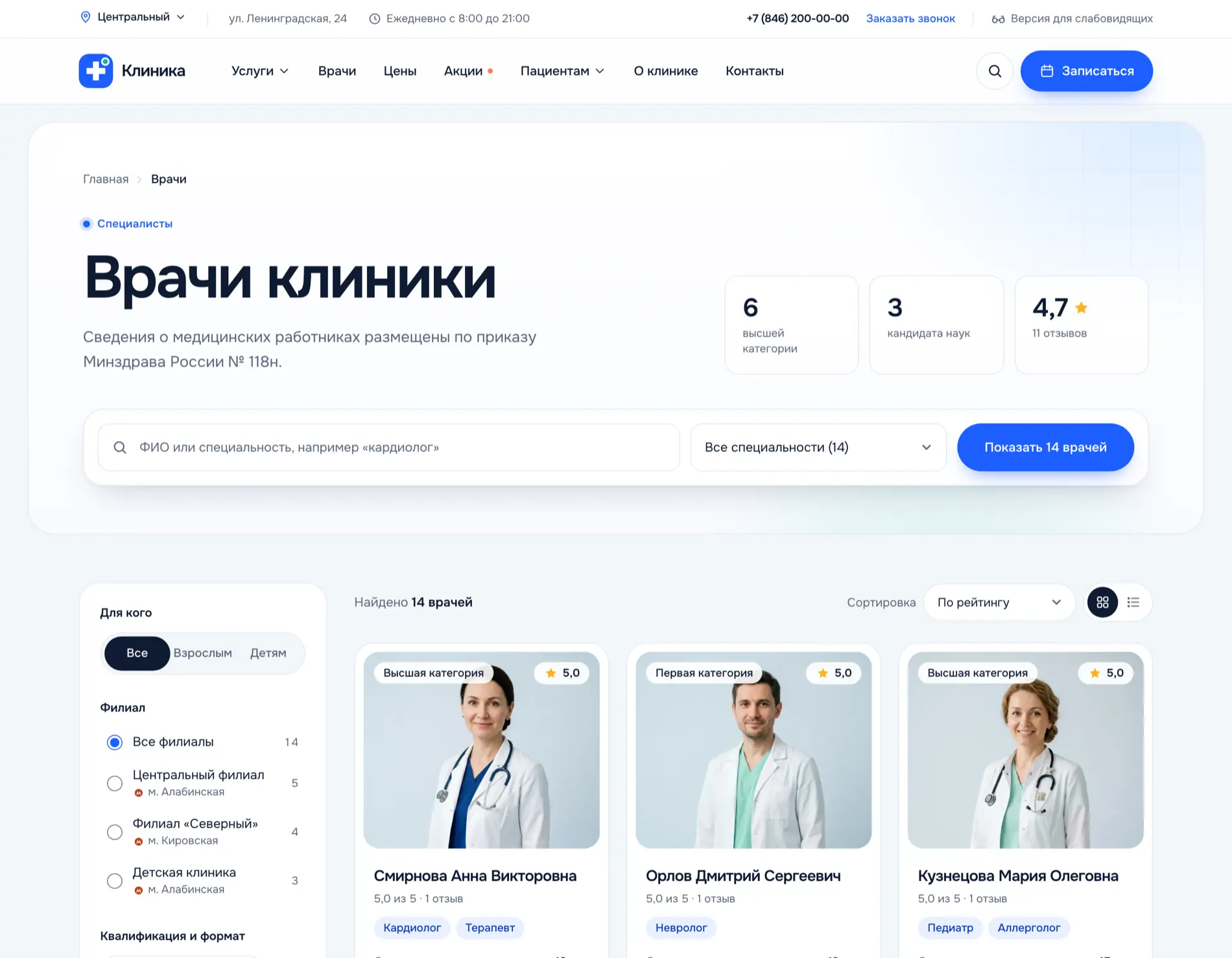 Страница «Врачи клиники»: слева фильтр по филиалу, для кого и квалификации со счётчиками, справа карточки врачей с фотографией, категорией, рейтингом и специальностями.