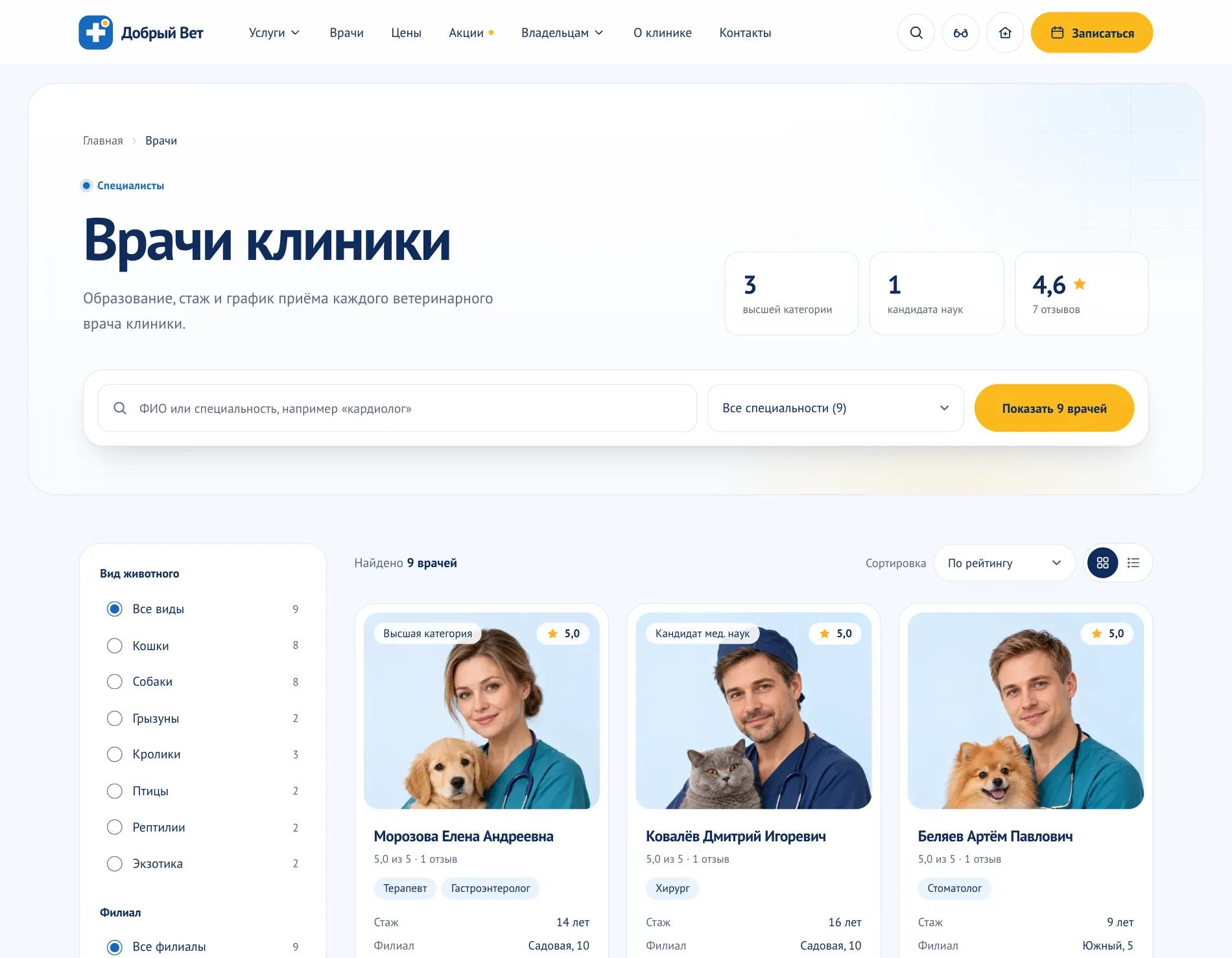 Страница «Врачи клиники»: слева фильтр по виду животного и филиалу со счётчиками, справа карточки ветеринарных врачей с питомцами, категорией и рейтингом.